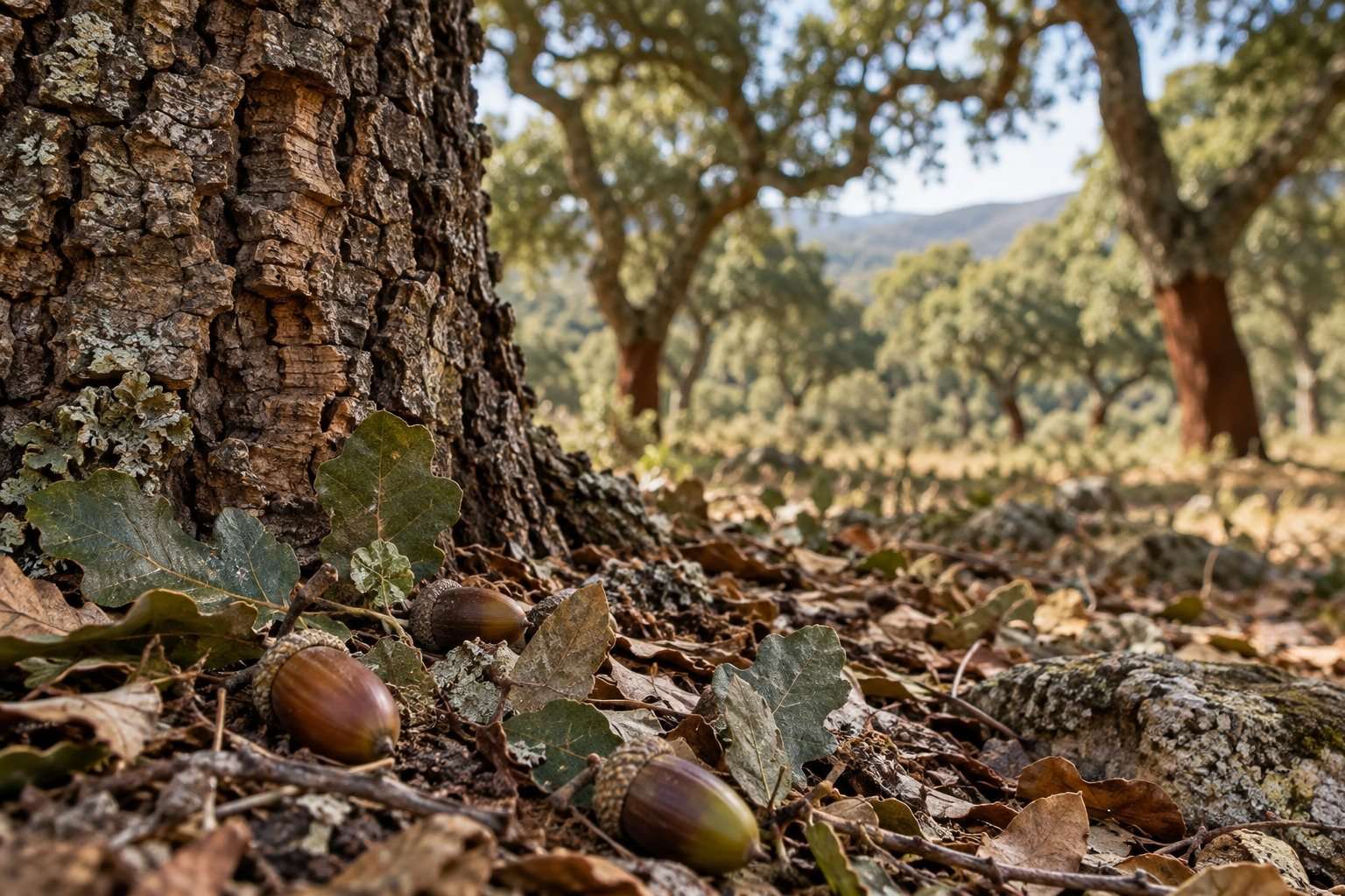 Corteza de alcornoque, hojas y bellotas sobre el suelo del bosque