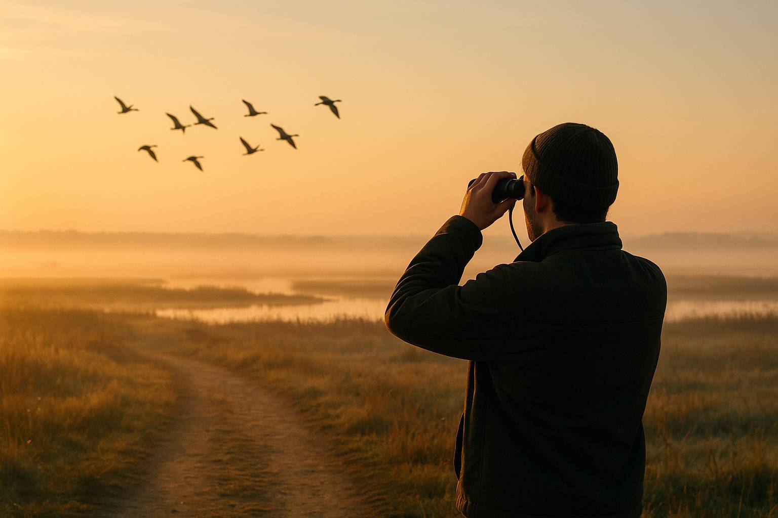 Escena horizontal en campo abierto al amanecer: una persona de espaldas, de pie sobre un sendero de ...